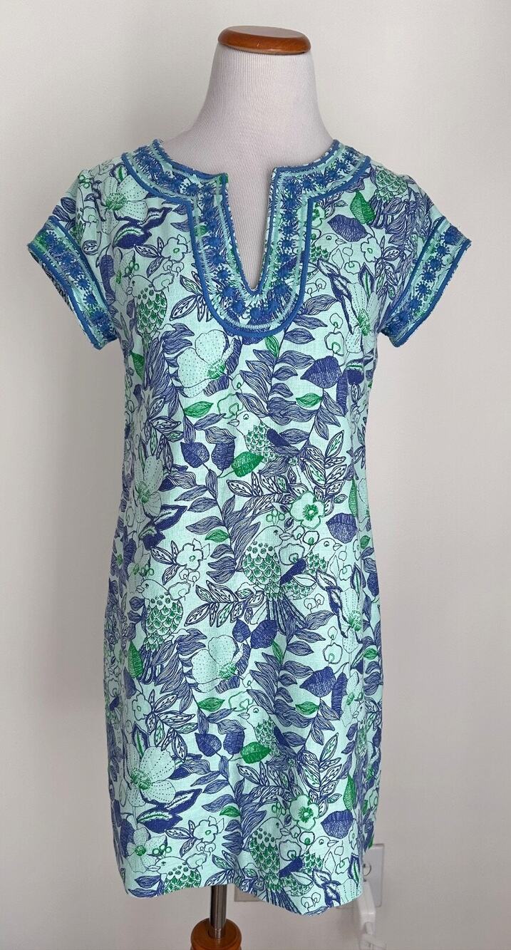 Vineyard Vines Cordia Tunic Dress, Bird Floral Print, Blues, Linen & Cotton, 0